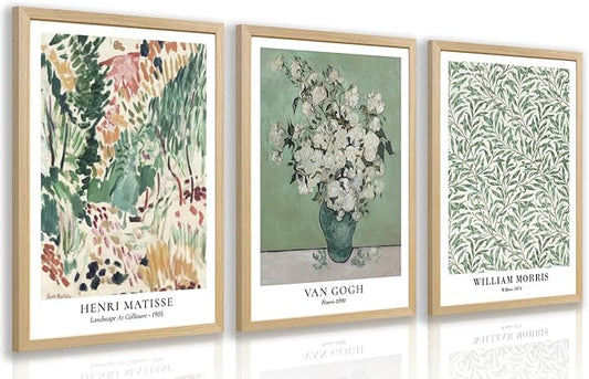 LLEEMPI Matisse William Morris Wall Art Set of 3, Sage Green Botanical Wall Decor, Abstract Van Gogh Flowers Canvas Prints, Vintage Florals Poster Print for Bedroom Bathroom Wood Framed 16x24 Inch