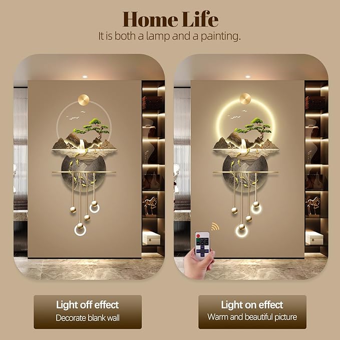 LED Light Decor Wall Art, 3D Art Wall Decor with Light, Decors Walls Sculptures Large 3D Art, Decors Walls Sculptures Lighting Modern, Plug-in Power Supply, Gold B, 23x53in