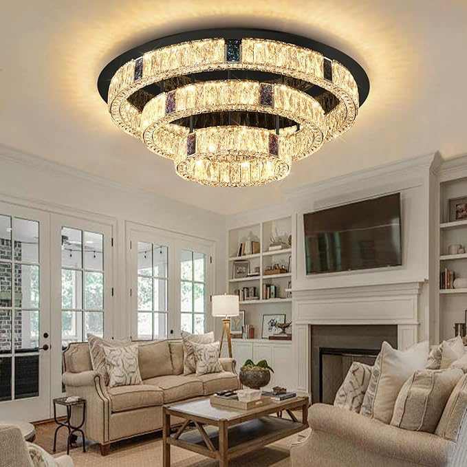 32'' Modern Flush Mount Crystal Chandelier for Living Room Round Ring Chandelier Black 3-Tier Crystal Ceiling Light for Dining Room Kitchen Bedroom Dimmable Lighting