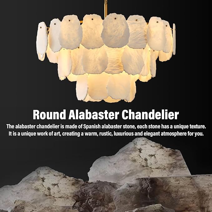 Alabaster Chandelier, D32in Modern Marble Dining Room Chandeliers, 3-Tiers Natural Brass Round Chandelier Over Table for Living Room, Dining Room, Bedroom, Bathroom, Foye, Entryway, Kitchen