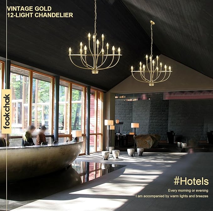 Large Gold Chandelier, 12 Light Foyer Chandelier High Ceiling 36inch Modern Brass Living Room Light Fixture Metal Candle Chandelier for Kitchen Entryway Living Room Bedroom