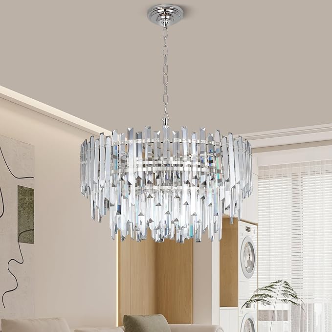 24" Modern Crystal Chandelier, 3-Tier Chrome Pendant Light with 8 Lights, Luxury K9 Crystal Ceiling Fixture for Dining Room Living Room Foyer