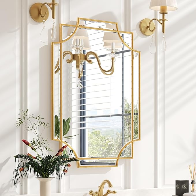Kelly Miller 20"x30" Small Gold Bathroom Mirror for Wall Mount, Beveled Vanity Mirror for Master Bath Half Bath