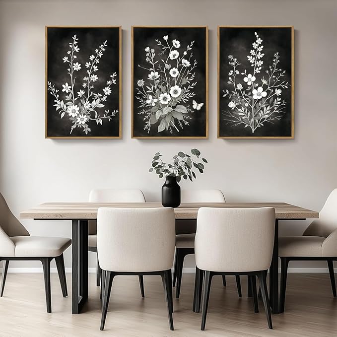 BINCUE Framed Black and White Floral Wall Art Set of 3 Botanical Wall Decor Flower Painting for Living Room Bedroom Office 16x24 Inches