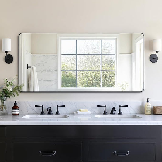 Kosmonia 60x28 Bathroom Vanity Mirror for Wall, Aluminum Framed, Farmhouse Rectangle, Anti-Rust, HD Reflection Anti-Desilvering, Distortion Free, Tempered and Shatter-Proof Wall Mounted Mirror, Black