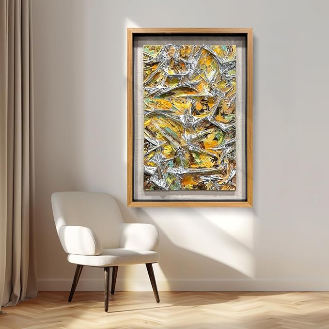 BrightA Textured silver leather abstract art - vibrant spray-painted fluid colors (yellow/orange/green) with solid wood frames, modern wall sculptures, contemporary living room 39.4"x59"