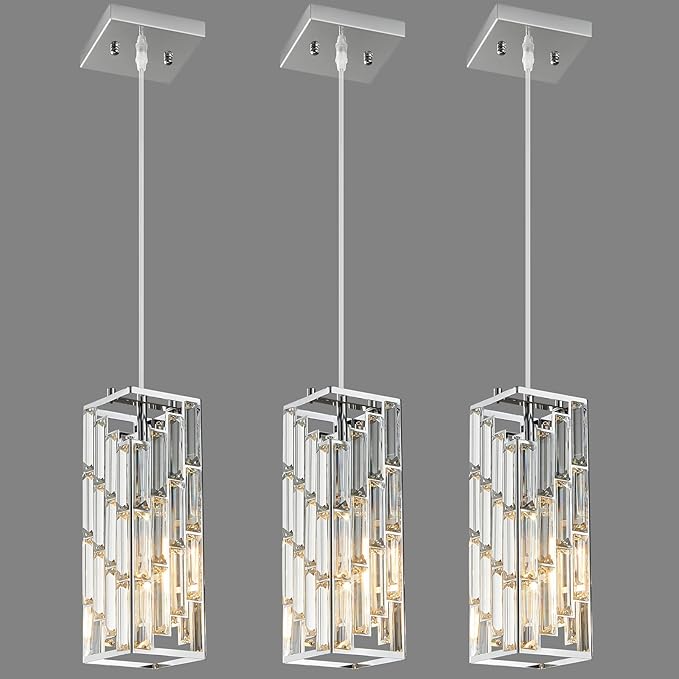 Chrome Pendant Lighting Modern Pendant Light, Mini Crystal Chandeliers,Adjustable Pendant Light Fixture for Kitchen Island Dinning Room Bedroom (3 Pack)