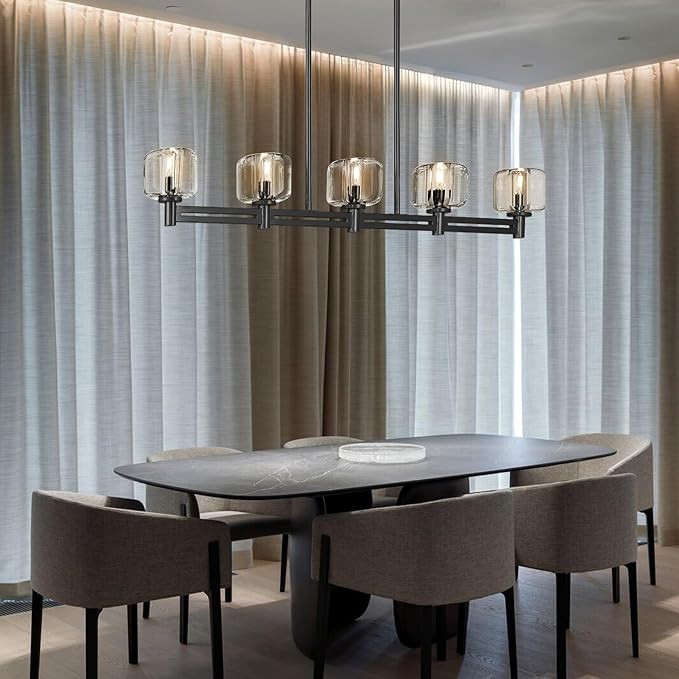Modern Crystal Chandelier, 54" Black Rectangle Chandeliers for Dining Room, 5-Light Kitchen Island Lighting, Light Fixtures Over Table,Pendant Lighting Fixture for Dining Room Bedroom