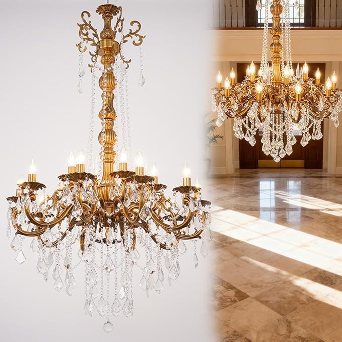 Antique Crystal Chandelier, 15-Lights Gold Bronze Candle Pendant Ceiling Light Fixture with K9 Crystals for Hotel, Living Room, Bedroom, Kitchen Island, Hallway, Dia 32"