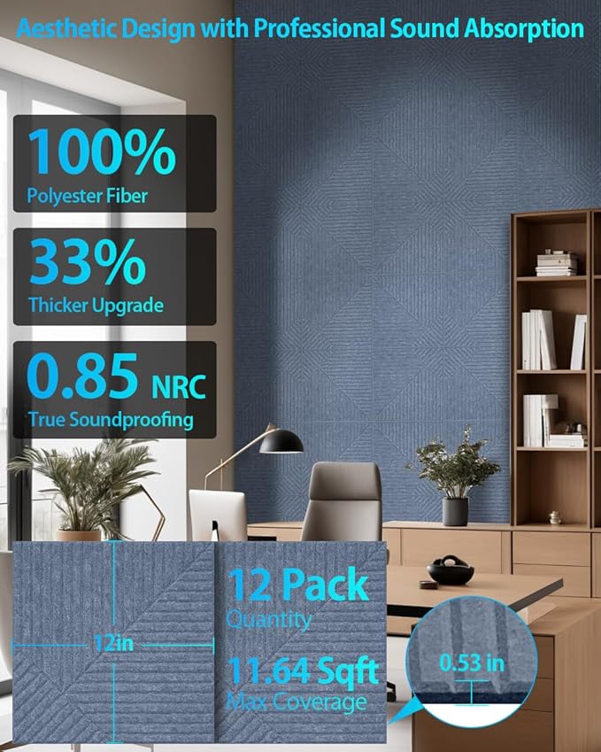 12 Pack Acoustic Wall Panels Self-Adhesive, 12" X 12" X 0.5" Decorative Acoustic Panels, Soundproof Wall Panels for Studio, Home & Living Room, Polyester - Three Zone Cement Gray