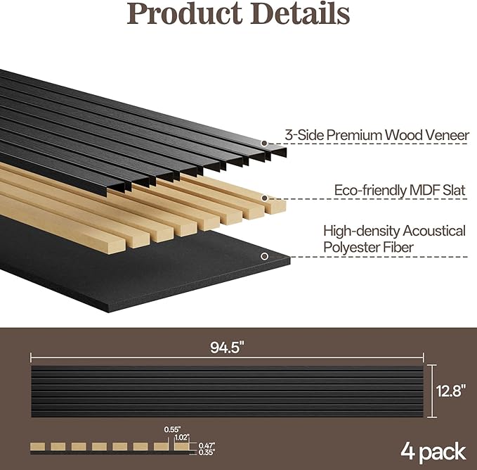 4 Pack Wood Panels for Wall, 94.4" x 12.6" Acoustic Wood Slat Wall Panel for Interior Decor & Noise Reduction, Soundproof Panel, Sound Absorbing 3D Textured Panels - Black