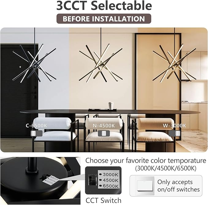 Modern Black Chandelier Light Fixtures - LED 6-Lights Dining Room Linear Chandeliers Sputnik Pendant Lights Fixture Over Table 3000K 4500K 6000K Dimmable for Kitchen Island Living Room