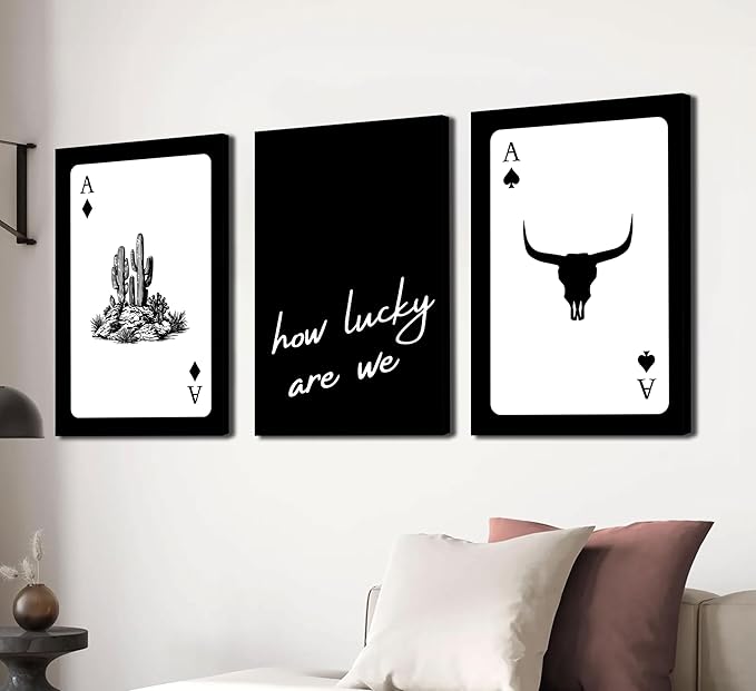 3Pcs Black and White Western Canvas Wall Art Country Southwest Poster Vintage Poker Ace Picture Cactus Bull Skull and How Lucky We Are Painting for Bedroom Living Room 16x24in Framed