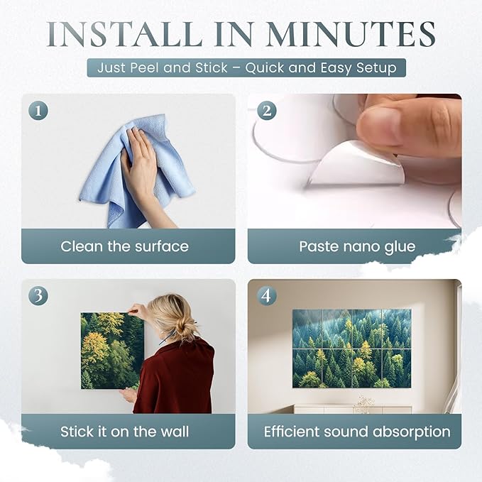 8 Pack Decorative Sound Absorbing Panels, Sound Absorbing Wall Art, 48X32 Inches Acoustic Wall Art for Decoration, Art Acoustic Panels, Acoustic Treatment, Adhesive Included, Green Forest