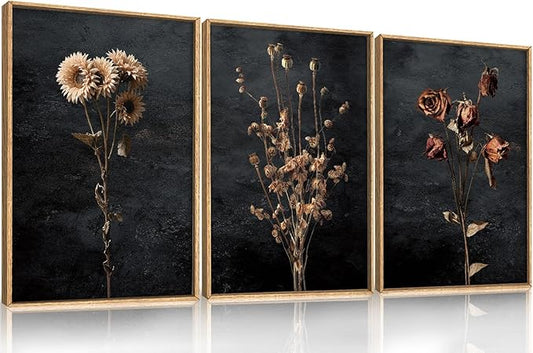 Large Moody Dark Floral Framed Canvas Wall Art,Vintage Dried Flowers Wall Decor,Modern Retro Wildflowers Artwork,Mid Century Boho Botanical Art Print for Living Room,Bedroom,Office-16 x24 x3