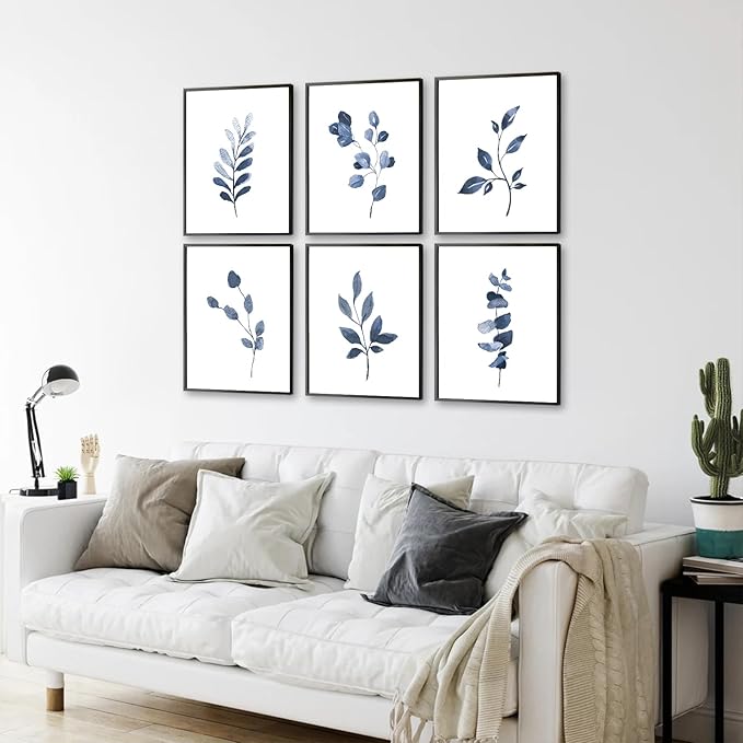 Navy Blue Botanical Wall Art Set of 6 Unframed, Minimalist Abstract Botanical Prints Watercolor Blue White Leaf Plant Wall Decor Canvas Painting, Boho Floral Botanical Wall Decor for Bathroom, Living Room