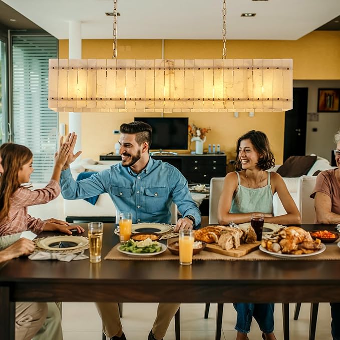 53.4" Rectangle Alabaster Chandelier, Modern Dining Room Chandeliers, 10-Light Marble Hanging Pendant Dining Light Fixture for Kitchen Island, Living Room, Bedroom, Foyer, Entryway