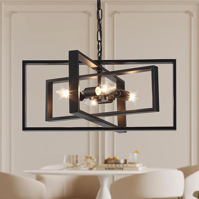 19.7'' Modern Chandelier 4-Light, Black Farmhouse Light Fixture Cross Chandeliers for Dining Room Living Kitchen Island Bedroom Living,Rectangular Metal Industrial Hanging Ceiling Lighting