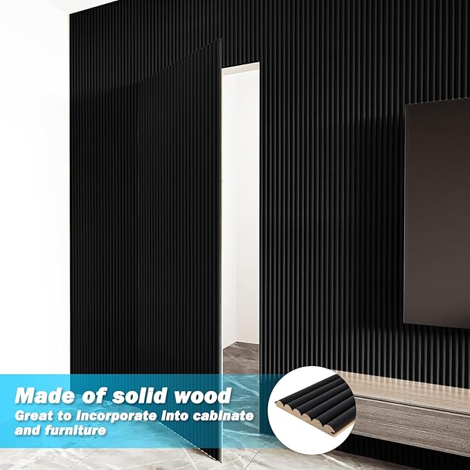 Art3d Fluted Wood Panel for Wall and Ceiling, Beaded Accent molding for Home Decoration, Pack of 4pcs + 1pc End-Trim, Size 108 x 5.7in.- Beaded Black