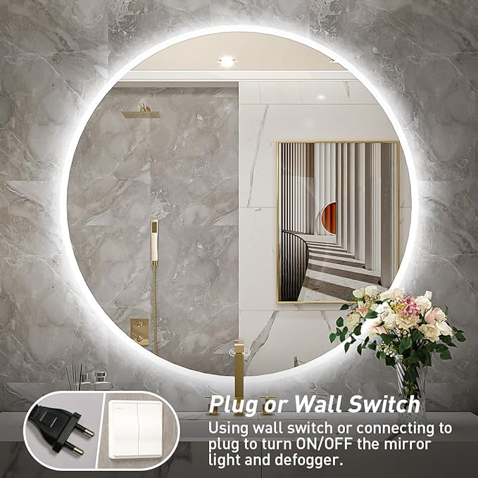 28 Inch Round LED Bathroom Mirror - 6000K Daylight Backlit, Anti-Fog & Dimmable, Frameless Waterproof Mirror with Touch Control, CRI90+, IP54 for Vanity & Makeup