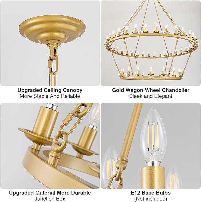 60" 2-Tier Wagon Wheel Chandelier, 54-Light Farmhouse Large Gold Chandelier Round Modern Rustic Industrial Adjustable Height for High Ceiling Living Room, Entryways, Foyer, Dining Room