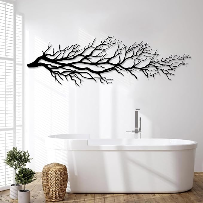 Metal Tree Wall Art, Tree Branch Wall Art, Dry Tree Branch Metal Wall Decor, Ivy Tree, Nature Wall Sculpture, Tree Sign Home Decor, Large Metal Wall Art, Housewarming Gift (16"x53"|41x135cm, Silver)