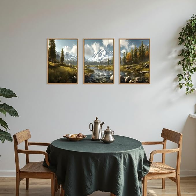 Aryroi Large Watercolor Snow Mountain Framed Canvas Wall Art,Modern River Grassland Wall Decor,Natural Green Forest Artwork,Neutral Wood Landscape Art Print for Living Room,Bedroom,Office- 24"x36"x3