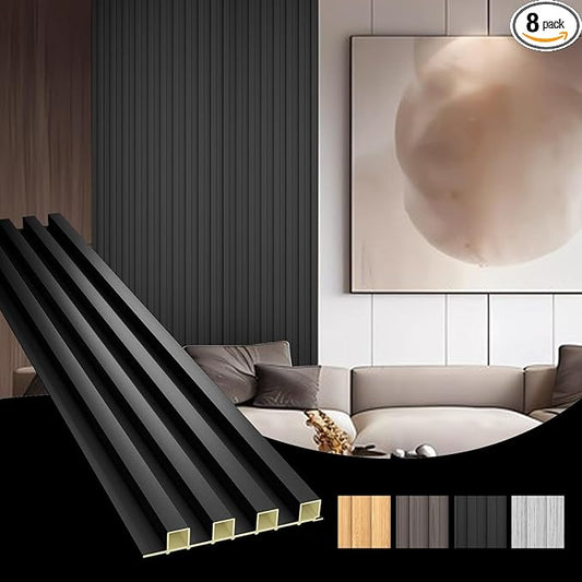 OUZUGIE WPC Acoustic Slat Wall Paneling, 8-Pack 96 x 6 Inches 3D Wall Panels for Interior Wall Decor,Living Room,TV Background,Study Room,Office Spaces,Bedroom,High Grille (Black)