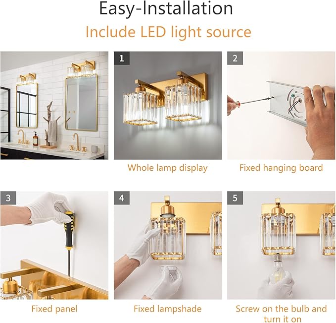 Modern Bathroom Vanity Light 2-Lights Gold Crystal Bathroom Wall Light Vanity Light Fixtures，12.59-inch Modern Minimalist Design