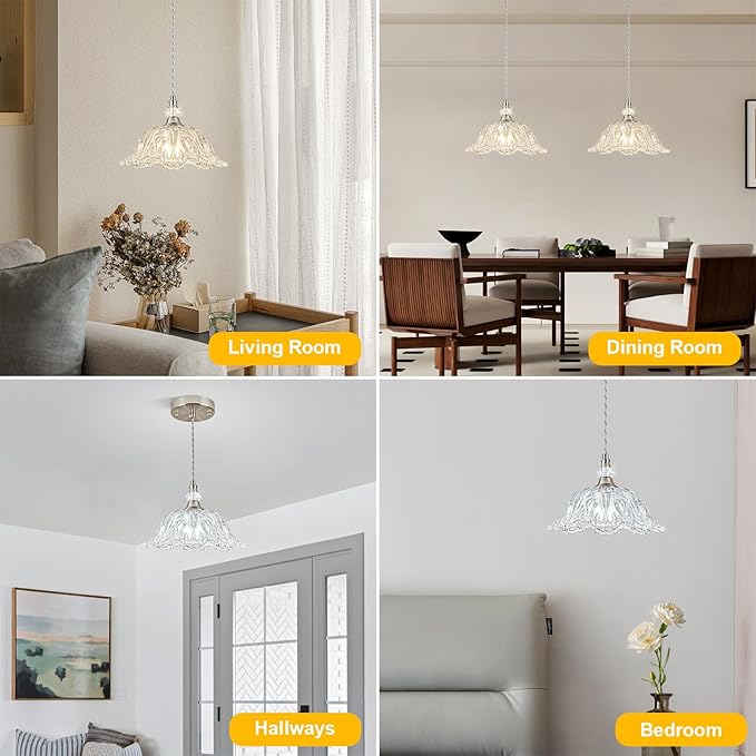 1 Piece Brushed Nickel Chandelier Light Fixtures with Glass Shade, Brushed Nickel Finish Pendant Light,Hanging Light for Dining Room,Hallways,Living Room,Bedroom