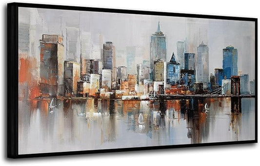 Arjun Brooklyn Bridge Wall Art Modern New York Abstract Canvas Cityscape Painting Colorful NYC Skyline Textured Picture for Living Room Bedroom Home Office Wall Decor, Large Black Wood Framed 48"x24"
