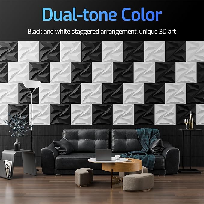 3D Wall Panels for Interior Wall Decor, 48 pcs PVC Wall Panels, 11.8''x11.8'' Decorative Accent Wall Panels for Game Rooms, TV Walls Background, Living Rooms, Decorative Wall Panels, Black