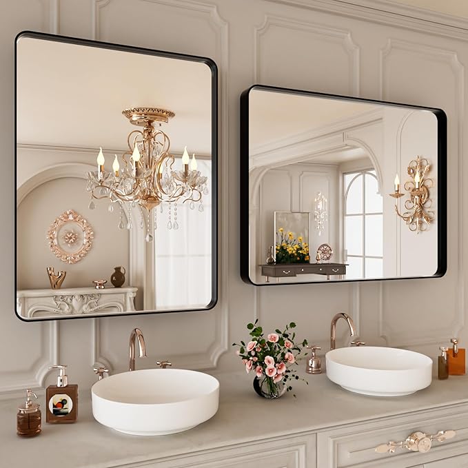 Black Bathroom Mirror 20x30 Inch,Bathroom Vanity Mirror for Wall,Rectangular Round Corner Black Metal Framed Mirror(Horizontal/Vertical)