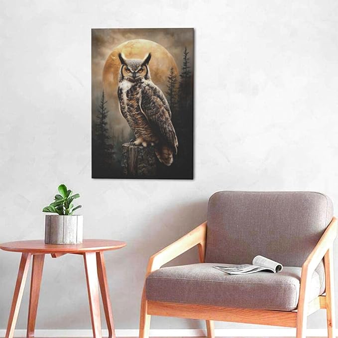 Cabin Owl Wall Art Moon and Forest Canvas Wall Decor Rustic Animal Pictures Paintings Prints Mystical Wildlife Artwork Framed Decorations For Bathroom Bedroom Living Room Office Gifts 16" x 24"