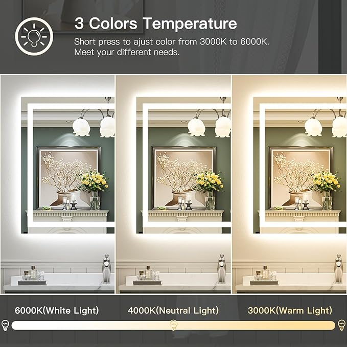 48"x40" LED Bathroom Mirror with Lights, Backlit & Front Lit, Anti-Fog Lighted Bathroom Vanity Mirror for Wall, Memory Function, Dimmable, HD Tempered Glass, Shatter-Proof