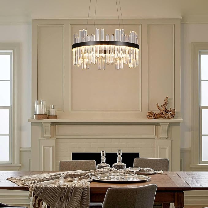 Modern Round Crystal Led Chandelier: 19.7" Black Luxury Chandeliers over Dining Table - Dimmable 3 Color Decorated Light Fixture - Elegant Drum Sparkly Chandelier for Living Room Bedroom with Remote