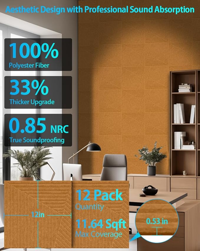 12 Pack Acoustic Wall Panels Self-Adhesive, 12" X 12" X 0.5" Decorative Acoustic Panels, Soundproof Wall Panels for Studio, Home & Living Room, Polyester - Slash Sunset Orange