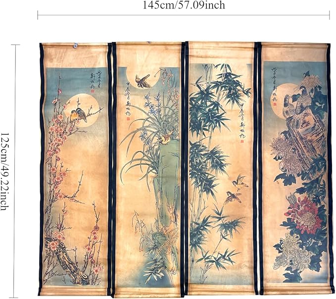 CIFIBIFUN Wall Asia Art Prints Posters Painting Eastern Bird Plants Flower Vintage Style,4 Panels Large Floral Home Walls Foldable Decor (Super Old Aging Paper, A Plants Birds)