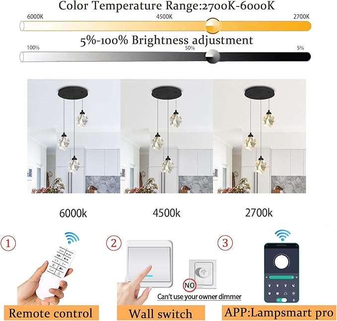 Black Pendant Light Dimmable LED 3-Light Modern Pendant Light Kitchen Island Dining Room Bar