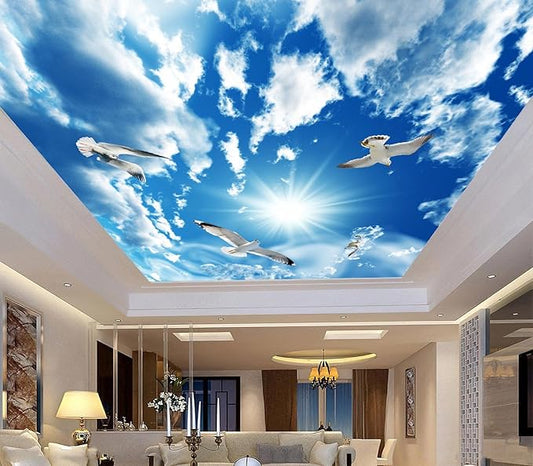 Blue Sky, White Clouds, Sunshine Seagull Ceiling Wall Mural Wallpaper 103" x 69"