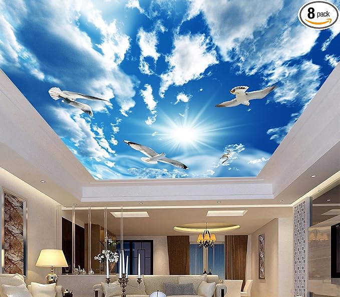 Blue Sky, White Clouds, Sunshine Seagull Ceiling Wall Mural Wallpaper 178" x 117"