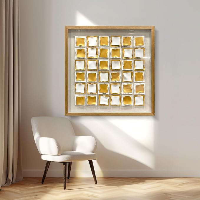 BrightA Gold and White Geometric Wall Sculpture Reflective 3D Textured Panels Brushed Metal Texture with Wave Modern Framed Abstract Art for Bedroom Office Decor 31.5"x31.5"