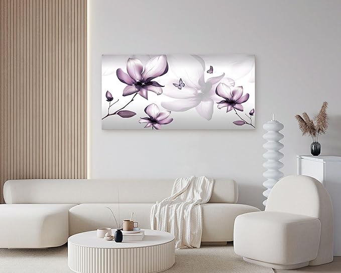 Muolunna BK06562 Purple Magnolia with Butterfly Flower Canvas Wall Art Picture 1 Panel 3D Wallpaper Modern Art Prints Painting for Bedroom Modern Office Wall Decor Artwork