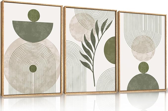 Large Sage Green Boho Botanical Framed Canvas Wall Art Set,Abstract Minimalist Beige and Green Wall Decor,Modern Geometric Leaf Line Boho Artwork for Living Room,Bedroom,Office-24 x36 x3