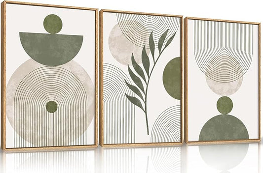 Large Sage Green Boho Botanical Framed Canvas Wall Art Set,Abstract Minimalist Beige and Green Wall Decor,Modern Geometric Leaf Line Boho Artwork for Living Room,Bedroom,Office-16 x24 x3
