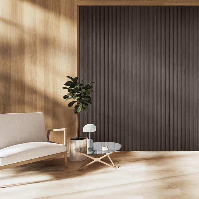 OUZUGIE WPC Acoustic Slat Wall Paneling, 8-Pack 96 x 6 Inches 3D Wall Panels for Interior Wall Decor,Living Room,TV Background,Study Room,Office Spaces,Bedroom,Low Grille (Walnut)