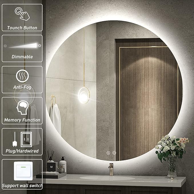 40 Inch Round LED Bathroom Mirror - 6000K Daylight Backlit, Anti-Fog & Dimmable, Frameless Waterproof Mirror with Touch Control, CRI90+, IP54 for Vanity & Makeup