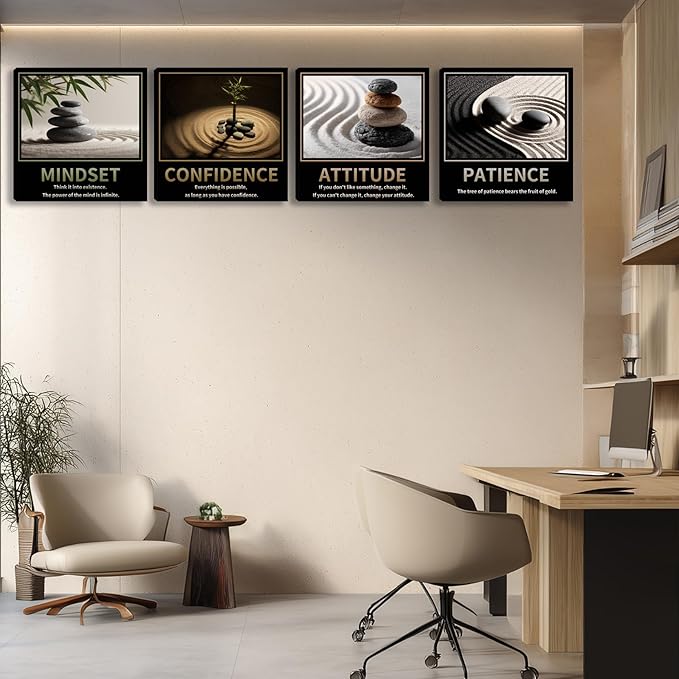 Kuiluuye Motivational Wall Decor Inspirational Zen Canvas Wall Art for Living Room Zen Stone Green Plant Picture for Office Workplace Painting Poster Artwork