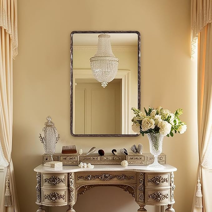 ANDY STAR Hand-Forged Bronze Bathroom Mirror for Wall, 24x36 Inch Vintage Solid Steel Metal Frame Bathroom Vanity Mirror, Antique Rounded Rectangle Wall Mirror, Hangs Horizontally or Vertically