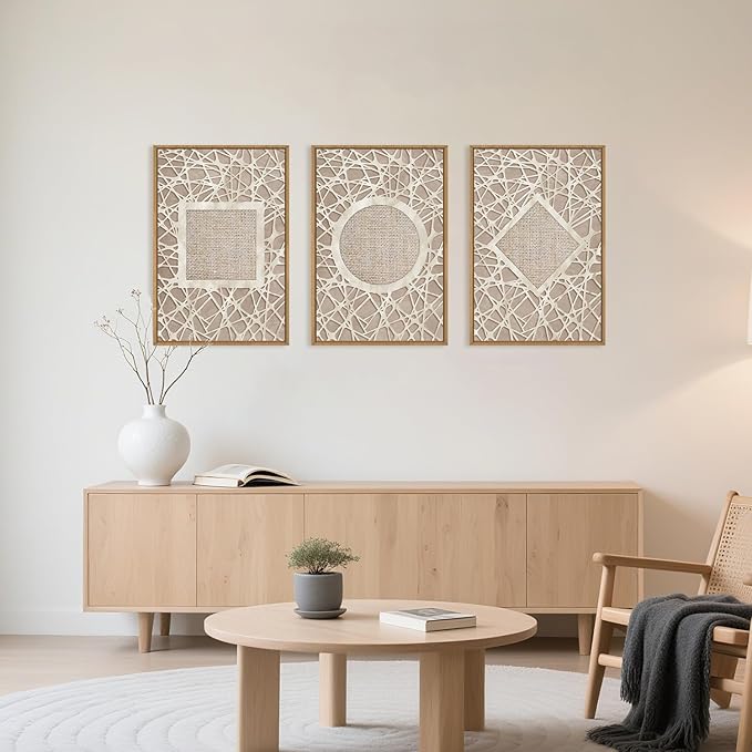 Aryroi Large Boho Neutral Geometric Framed Canvas Wall Art,Modern Circle Square and Rhombus Wall Decor,Minimalist Shapes Artwork,Abstract Mid Century Art Print For Living Room,Bedroom,Office-24"x36"x3
